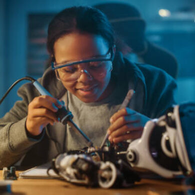 r3 Young Teenage Multiethnic Schoolgirl is Studying Electronics and Soldering Wires and Circuit Boards in Her Science Hobby Robotics Project. Girl is Working on a Robot in Her Room. Education Concept.
